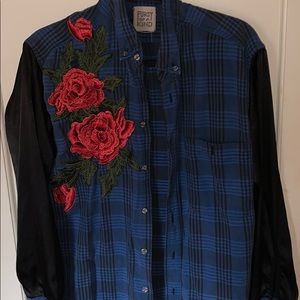 Black silk sleeve and blue rose flannel